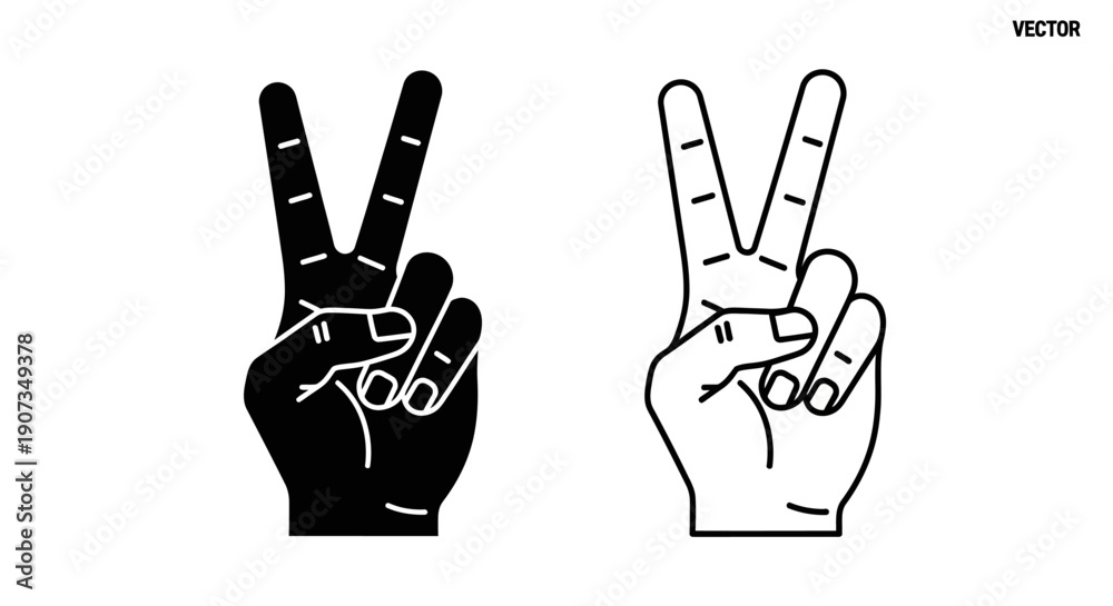 Fototapeta premium Black and white vector peace sign hand gesture icon set, two fingers up symbol, isolated on white