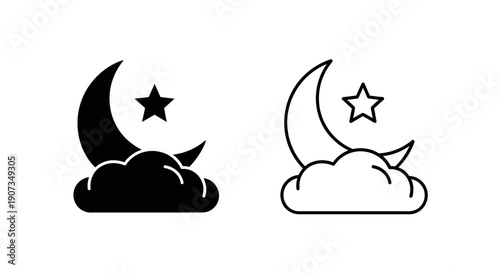 Black crescent moon, star, and cloud vector icons. Night sky, sleep, weather symbol set, isolated on white