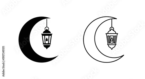 Black crescent moon and hanging lantern vector icon set, solid and outline styles, isolated on white