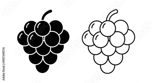 Black and white grape icon set, solid and outline vector illustration isolated on white