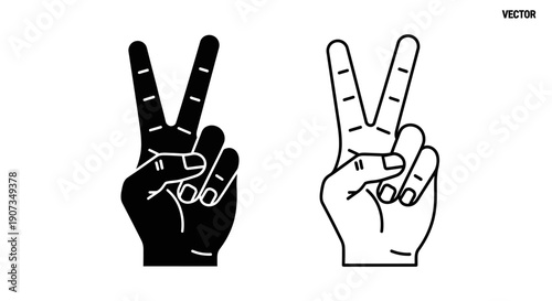 Black and white vector peace sign hand gesture icon set, two fingers up symbol, isolated on white