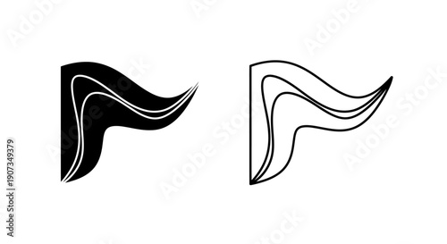 Black vector flag icon with outline version, waving pennant symbol, isolated on white