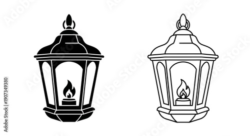 Quadro su tela Black silhouette and outline vector icon of vintage street lantern with flame, i