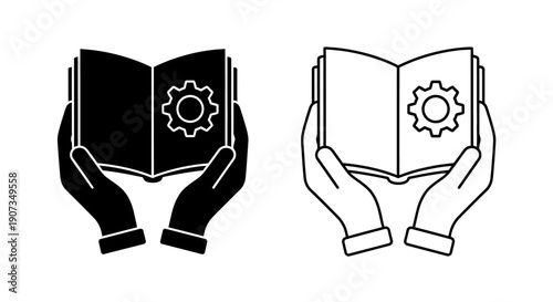 Hands holding open book with gear icon, black and white vector illustration, user manual, settings guide, isolated on white