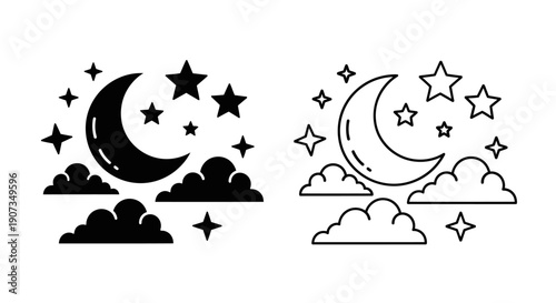 Black and white vector moon, stars, and clouds icon set, solid and outline versions, isolated on white