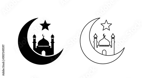Islamic mosque silhouette and outline vector icon with crescent moon and star, isolated on white