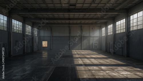Light Shines Through Windows in an Empty Warehouse During the Afternoon