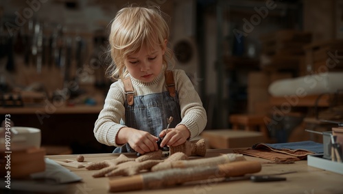 Child Works With Tools in a Workshop During the Afternoon