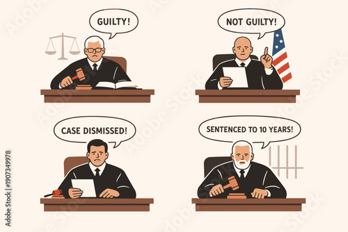 Court verdict and legal decisions illustration set with judge declaring guilty, not guilty, case dismissed and sentencing outcomes