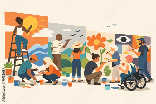 Community Art Project Illustration with Volunteers Painting Mural Together for Inclusion and Creativity