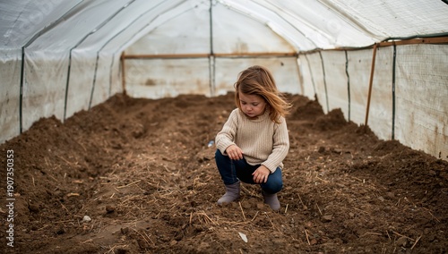 Child Explores Soil Inside Greenhouse While Learning About Gardening and Plants