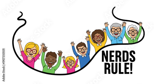 Diverse group of cartoon characters celebrating with hands raised  