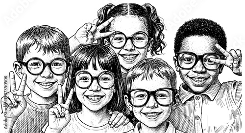 Five diverse children smiling while wearing glasses and making peace signs  