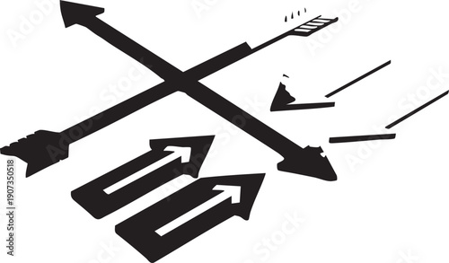 Black arrows crossing with one flying away and two pointing same direction crossing arrows