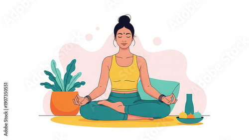 Woman meditates in lotus position with yoga mat and plant