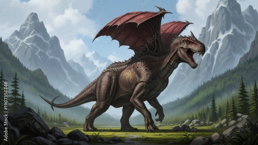 Fototapeta premium Prehistoric Dragon Standing in Mountain Landscape.