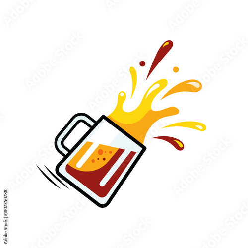 Beer mug spilling with yellow and red splashes in colorful design  