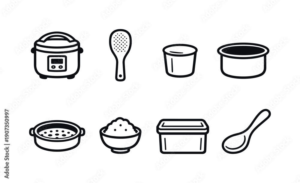 Fototapeta premium Home rice cooking tools: rice cooker, rice paddle, measuring cup, inner pot, steam basket, rice bowl, storage container, serving spoon