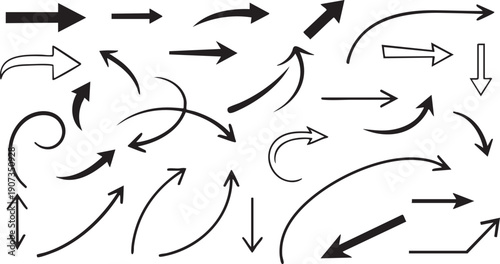 Black arrows on white background pointing in various directions directional arrows curved arrows