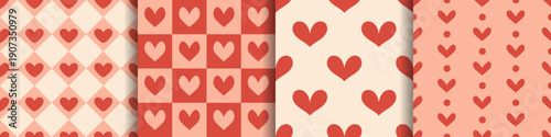 Vector set of seamless geometric heart pattern in red and peach palette. Cute romantic background collection for valentine wrapping paper, wedding textile, kids clothing, wallpaper, stationery design.