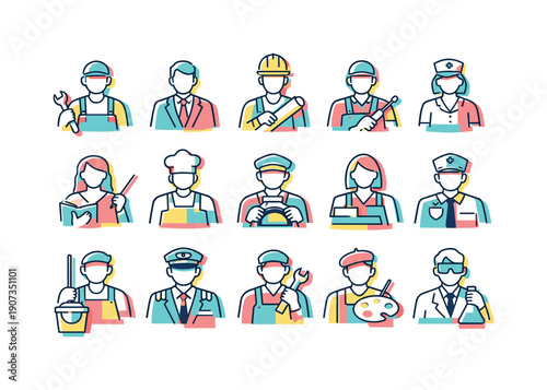 Minimalist Employee Icons. Employee profiles in abstract vector style: worker, manager, engineer, technician, nurse, teacher, chef, driver, cashier, guard