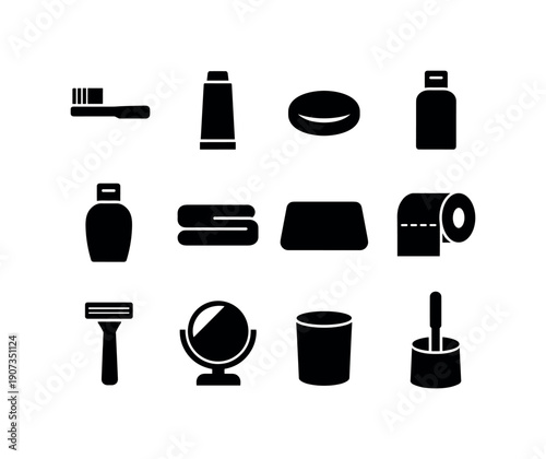 Bathroom essentials: toothbrush, toothpaste tube, soap bar, shampoo bottle, conditioner bottle, towel, bath mat, toilet paper roll, razor, mirror, cup, toilet