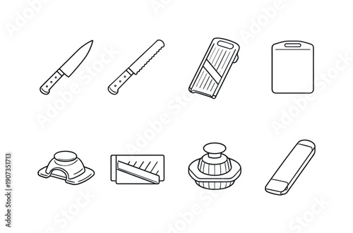 Kitchen food slicing tools: chef knife, bread knife, slicer mandoline, cutting board, safety guard, blade insert, food holder, storage sleeve