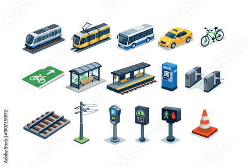 City transportation infrastructure modern isometric flat vector style: subway train, tram car, city bus, taxi car, bicycle, bike lane marker, bus stop shelter