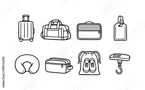 Outdoor travel luggage items: suitcase, carry on bag, packing cube, luggage tag, travel pillow, toiletry pouch, shoe bag, luggage scale