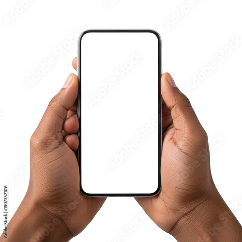 Person holding a white smartphone with blank screen in both hands isolated on transparent background
