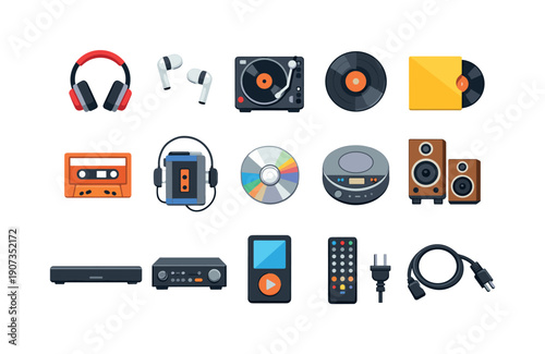 Music listening culture flat style: headphone, earbud, turntable, vinyl record, record sleeve, cassette tape, cassette player, CD disc, CD player, speaker