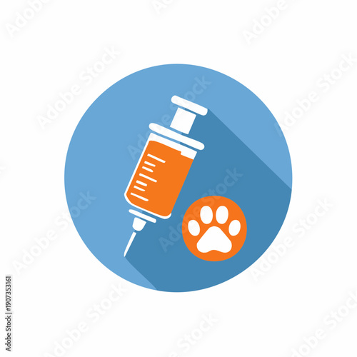 Orange syringe with pet paw icon for veterinary healthcare and animal immunization concept
