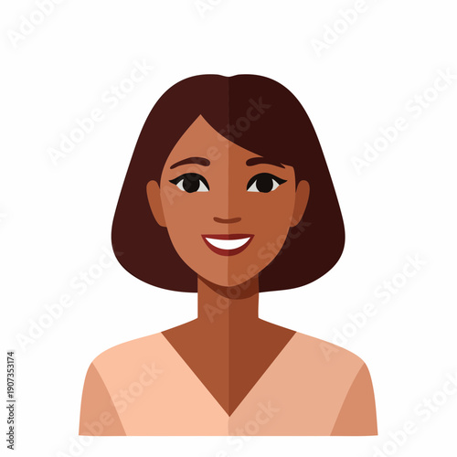 Woman with bob hairstyle and dark skin tone smiling confidently in a flat vector illustration