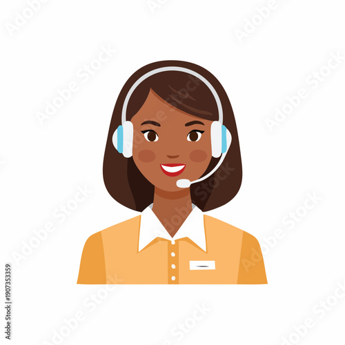 Customer support representative with headset illustration, friendly smiling support worker in call center profession, wearing headset, helping clients with online assistance