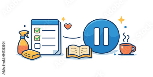 Everyday calm balance between household tasks and personal rest during a normal day at home, a simple to do list paired with a soft pause icon symbolizing