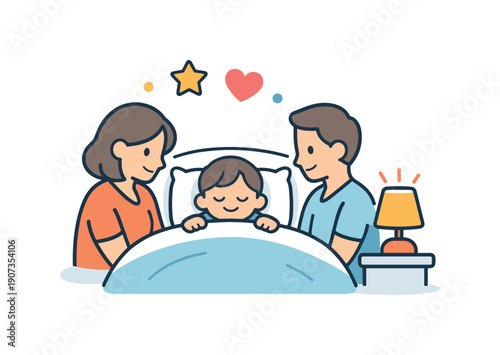 Gentle family evening focused on rest and emotional closeness at the end of the day, a child in bed with two adults sitting nearby and a small bedside lamp