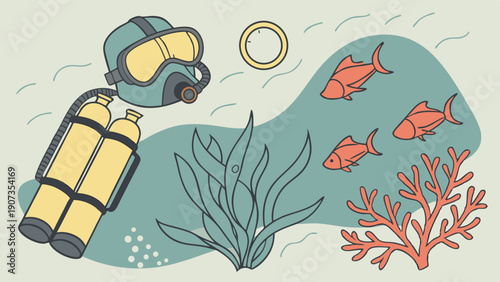 Diver Scuba Gear Underwater Scene with Tropical Fish and Coral for Travel Adventure Web Design