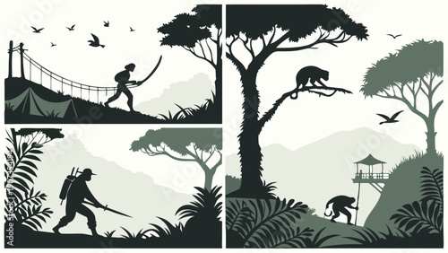 Jungle Adventure Silhouette Set Explorer Crossing Rope Bridge Tracking Wildlife for Travel Game Design Assets