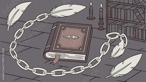 Chained Grimoire Book with Feathers and Candles for Occult Magic Secret Knowledge Archive Design