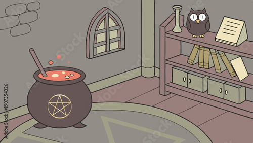 Mystical Witch Cauldron Brewing Potion with Pentagram for Occult Halloween Magic or Fantasy Game Design Background
