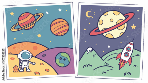 Cute Cartoon Astronaut Exploring Colorful Planets with Rocket Launch for Kids Education Science Space Adventure Web Design