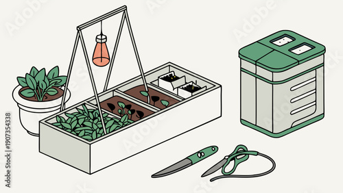 Urban Gardening Setup with Grow Light Composter and Tools for Home Vegetable Cultivation and Sustainable Living