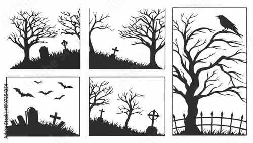 Spooky Halloween Graveyard Silhouette Set Creepy Cemetery Tombstones Trees Bats for Holiday Design Projects