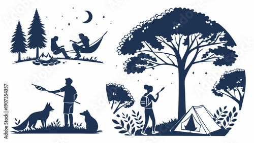 Outdoor Adventure Camping Silhouettes Set Hikers Campfire Stargazing Nature Travel Design Elements for Summer Recreation Brochures