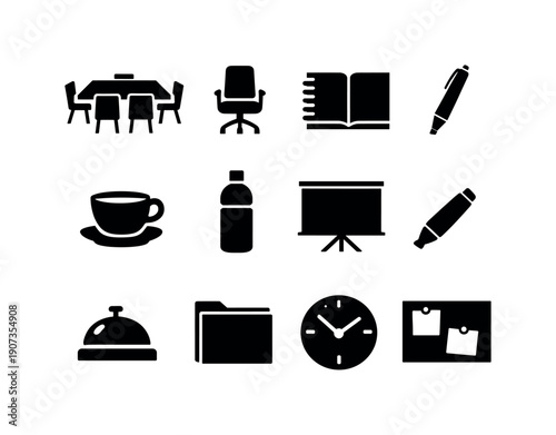Business platform strategy alignment meeting items in silhouette style: meeting table, chair, notebook, pen, coffee cup, water bottle, presentation board