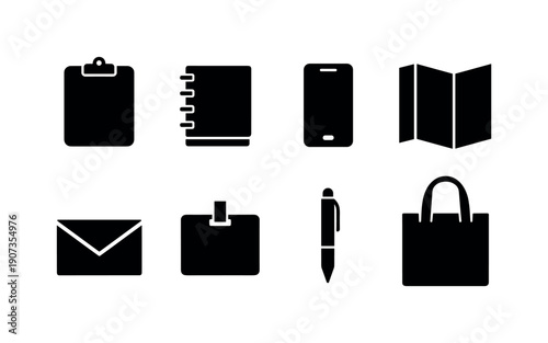 Community outreach toolkit silhouette style: clipboard, notebook, pen, smartphone, brochure, envelope, badge holder, tote bag