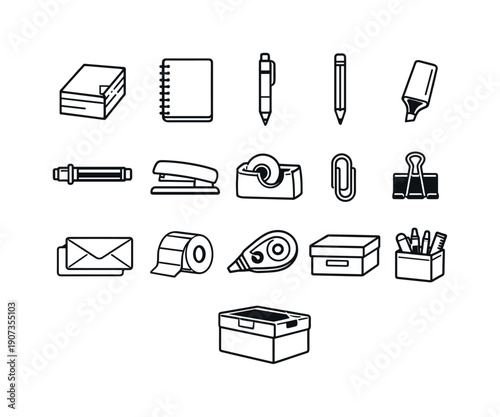 Office stationery emergency stock: paper ream, notebook, pen, pencil, highlighter, marker pen, stapler, tape dispenser, paper clip, binder clip, envelope stack