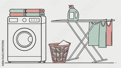 Laundry Room Scene with Washing Machine Ironing Board and Detergent for Home Appliance Advertising and Household Service Web Design