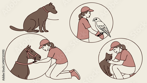 Caring Handlers Training Diverse Pets Dog Horse Falcon Cat for Veterinary Clinics Animal Welfare or Pet Care Websites