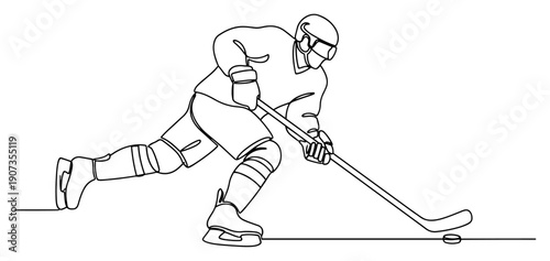 One continuous line drawing of a professional ice hockey player skating with a stick and puck on ice